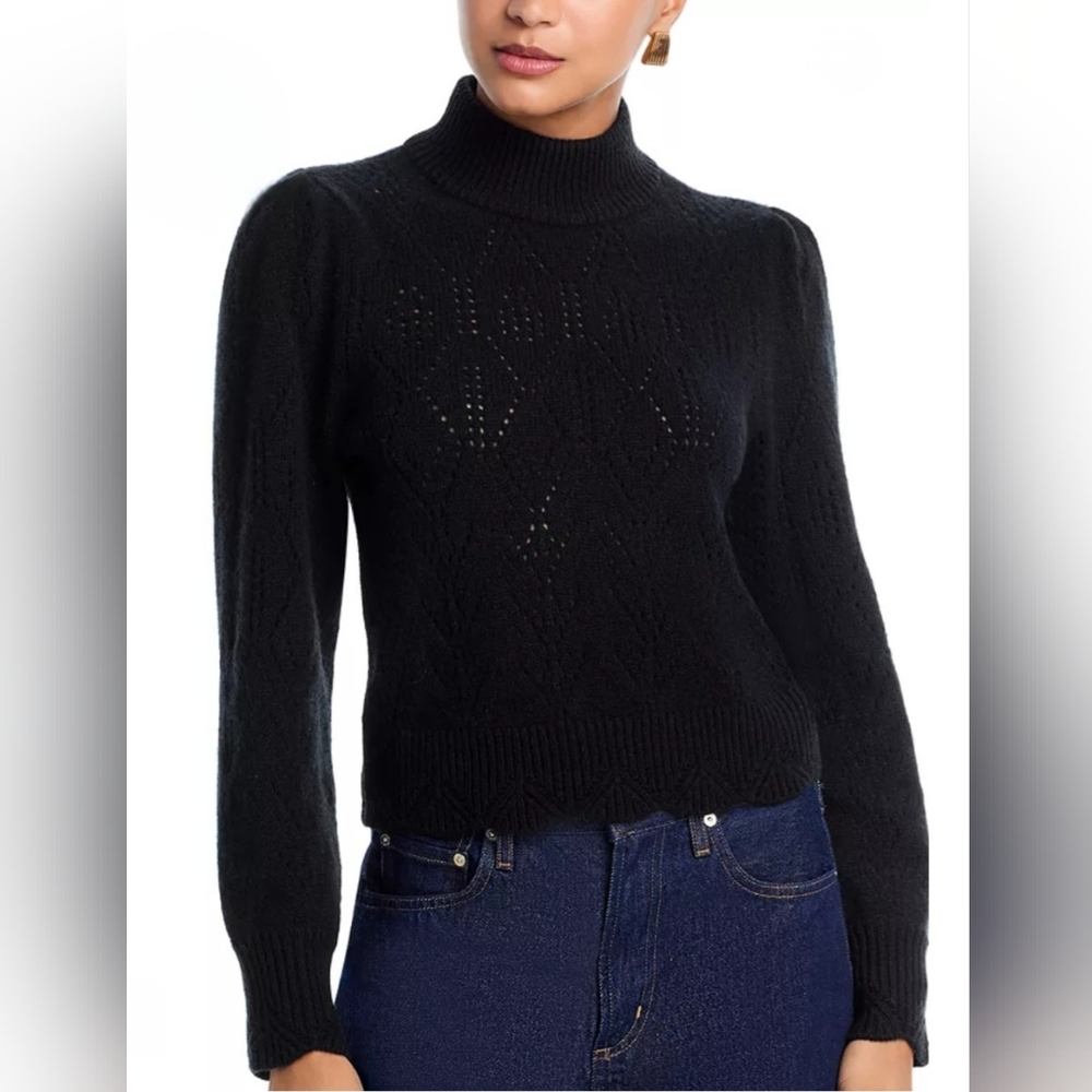 Aqua 100% Cashmere Black Mock Neck Pointelle Sweater Puff Sleeves, Women's Large